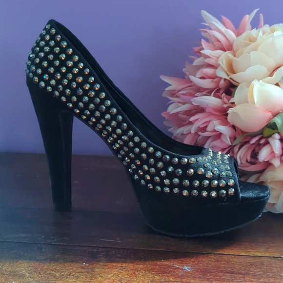 Candies Velvet Platform High Heel Rhinestone Peep Toe Pumps - Picture 3 of 13